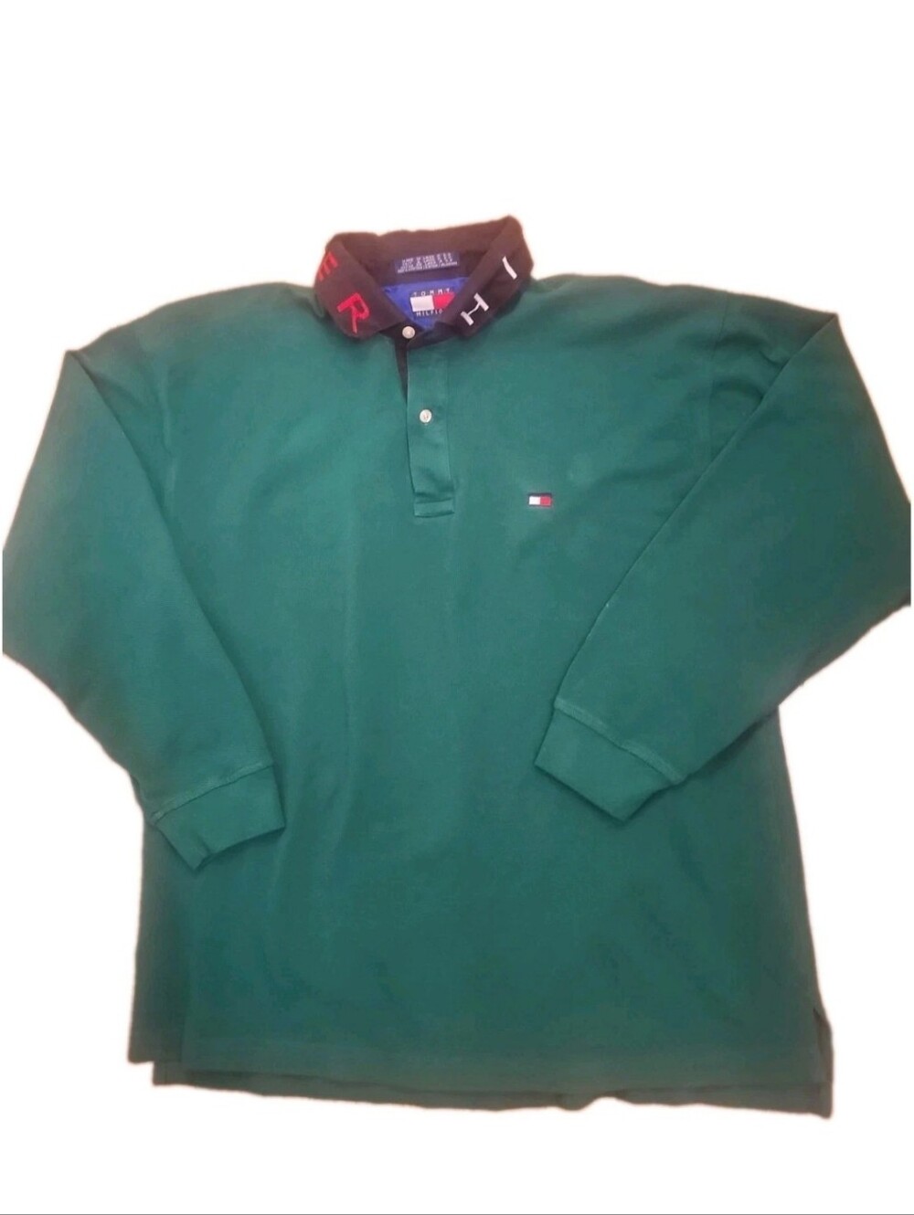 Vintage Tommy Hilfiger Spellout On Collar Long-Sleeve Polo Green Shirt Mens L